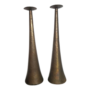 2 Vintage MCM Arts and Crafts Hammered Copper Candlestick Candle Holder Tall 20"