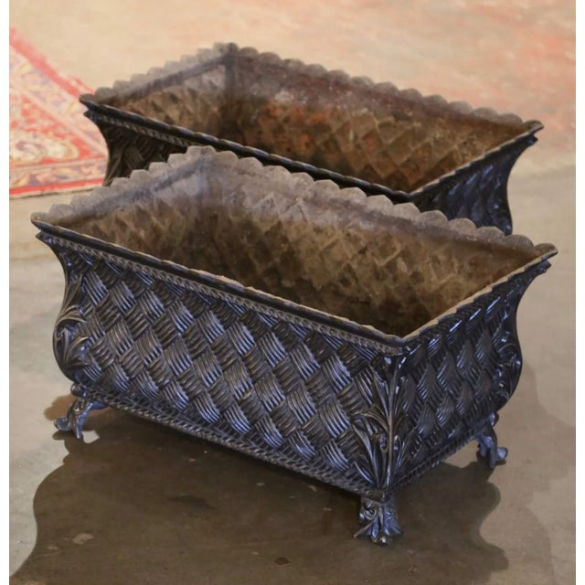 Mid 19th Century Pair of 19th Century French Polished Iron Jardinières With Basket Weave Decor For Sale - Image 5 of 11
