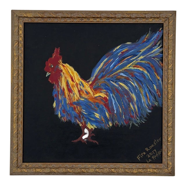 Original Fire Rooster Painting on Canvas Gilt Frame For Sale