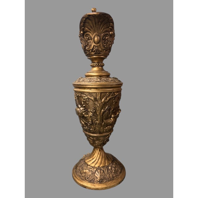 Early 20th Century Early 20th Century Ornate Cast Metal 16" Figural Handled Ewer Urn With Deer & Ducks For Sale - Image 5 of 9