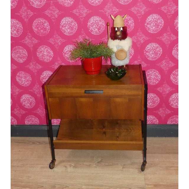2 Tone Wooden Sewing Box on Casters Shelf in Black Walnut & Steel Tube, 1960s For Sale - Image 4 of 12