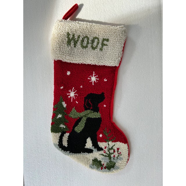 Traditional 21st Century Hand Hooked Dog Christmas Stocking - "Woof" For Sale - Image 3 of 9