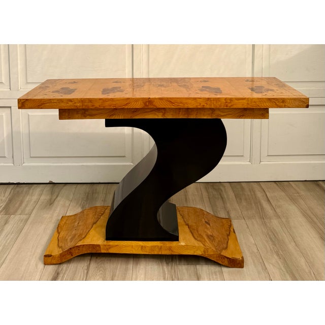 Art Deco Art Deco Revival Burlwood Console Table With Sculptural Curved Base For Sale - Image 3 of 16