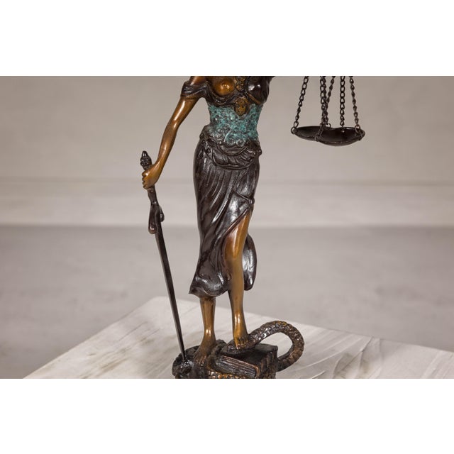 Metal Lady Justice, Cast Bronze Tabletop Statuette with Scales and Sword For Sale - Image 7 of 12