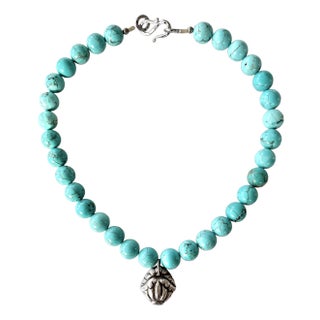 Turquoise Beaded Necklace With Antique Silver Pendant - Designed by Matthew Izzo For Sale