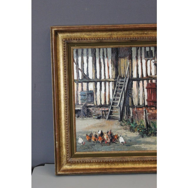 F. Claude, Farmyard with Chickens, 1950s, Oil on Canvas For Sale - Image 4 of 10