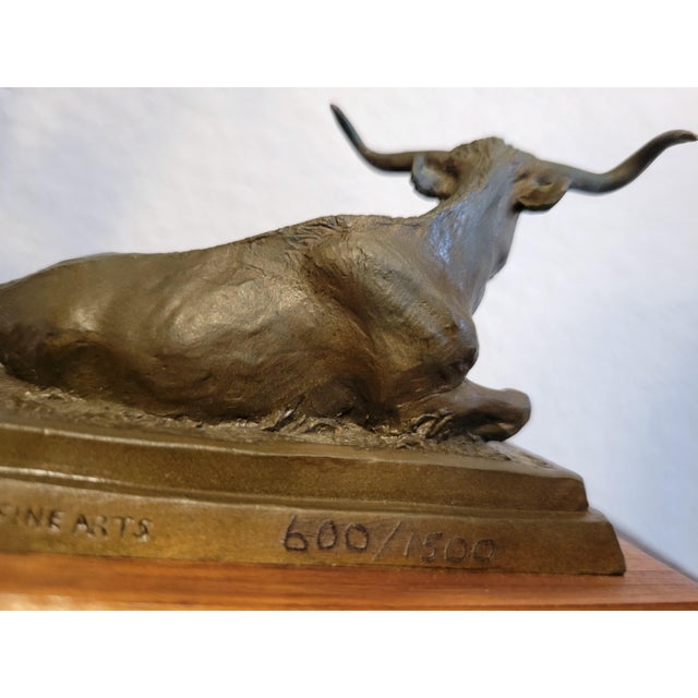 Metal Signed Bronze “Range Baron” Longhorn Sculpture on Wood Base For Sale - Image 7 of 12