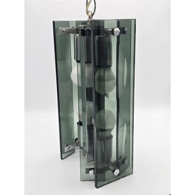 1970s Pendant Light in Thick Green-Grey Glass and Chromed Metal in the style of Fontana Arte, 1970 For Sale - Image 5 of 14