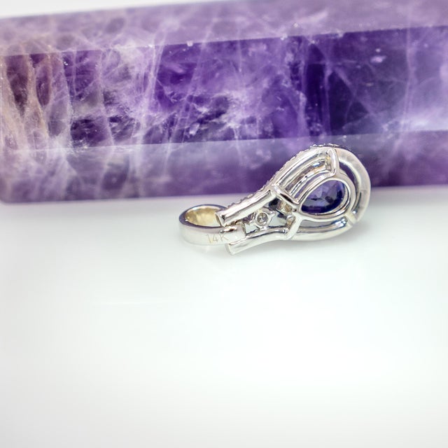 Purple Sapphire Pendant With Natural Diamonds Accents: Solid 14k Gold, 7x5mm For Sale - Image 9 of 9