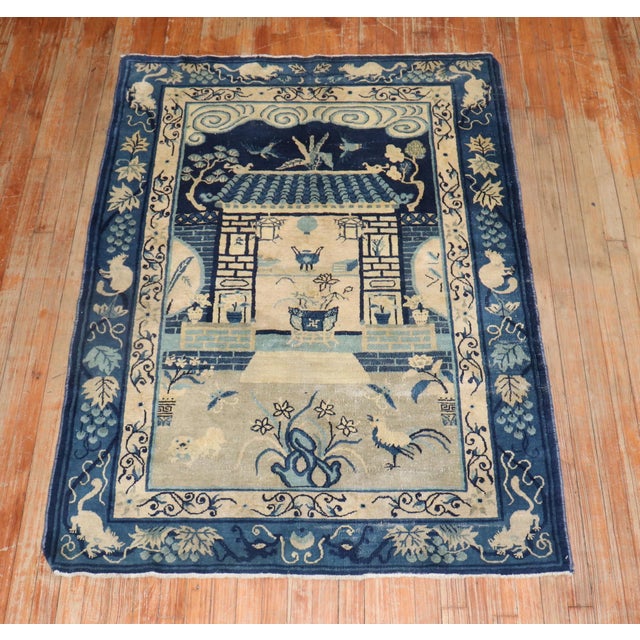 Chinese Zabihi Collection Tan Blue Color Early 20th Century Antique Chinese Oriental Rug - 4'1" x 5'9" For Sale - Image 3 of 7