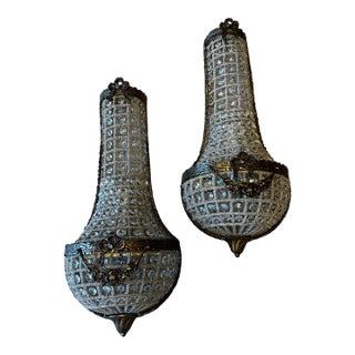 Vintage Dark Bronze and Crystal Wall Sconces - a Pair For Sale