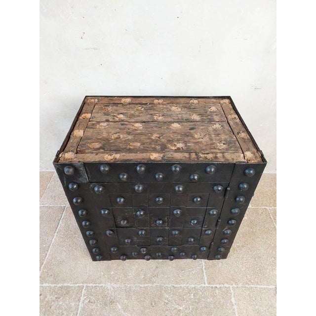 Wood Antique French Wrought Iron Over Wood Hobnail Safe For Sale - Image 7 of 16
