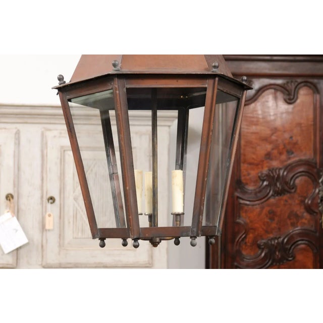 French Copper Three-Light Hexagonal Lanterns with Glass Panels, US Wired - A Pair For Sale - Image 12 of 12