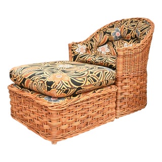 Rattan Tub Chair and Ottoman With Upholstered Cushions, Wicker Works For Sale