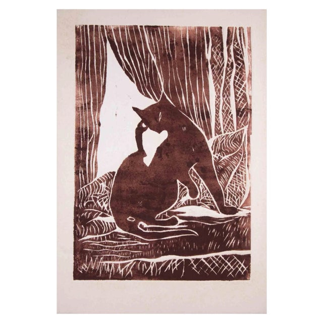 Giselle Halff, Le Chat, Original Woodcut, Mid-20th Century For Sale