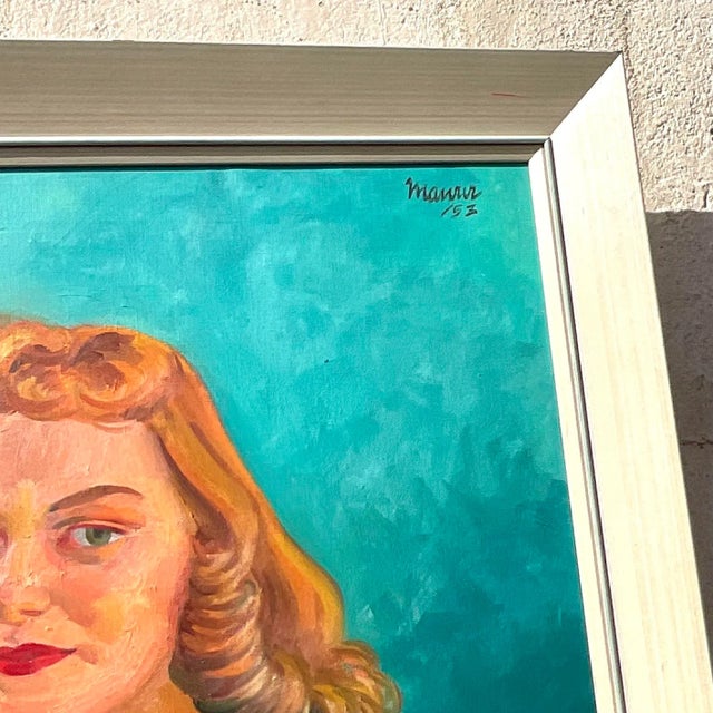 Wood Vintage Boho 1952 Original Oil Portrait on Canvas For Sale - Image 7 of 10