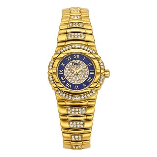 1980s Piaget Tanagra Lapis Lazuli Diamond 18k Gold Bracelet Vintage Watch Full Set For Sale
