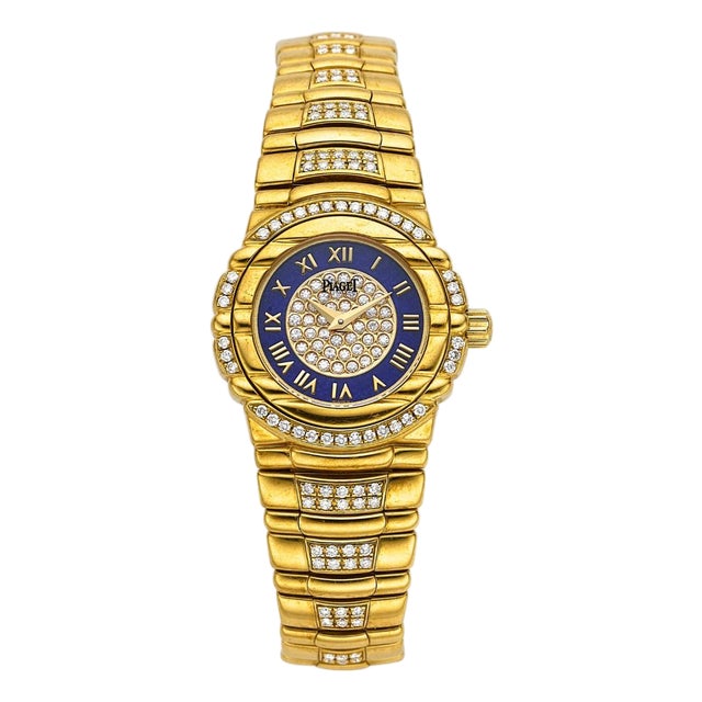 1980s Piaget Tanagra Lapis Lazuli Diamond 18k Gold Bracelet Vintage Watch Full Set For Sale