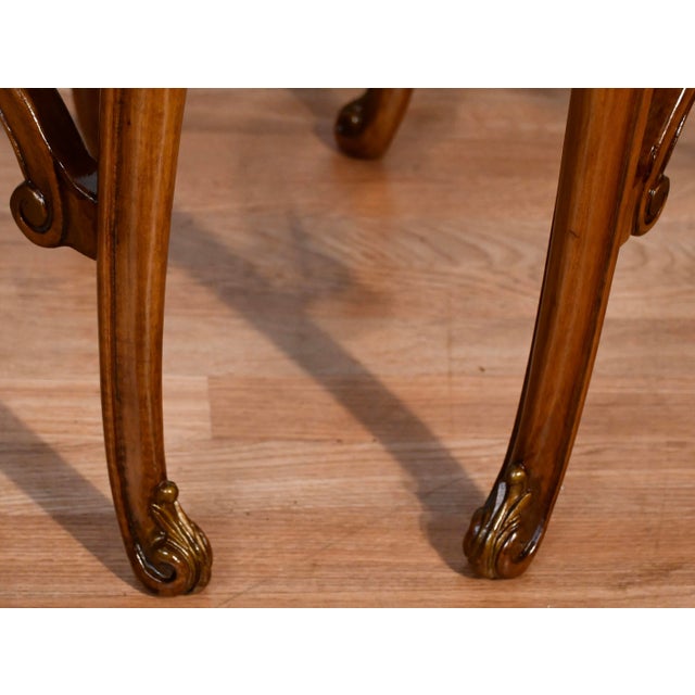 1930s French Louis XV Walnut & Satinwood Inlay Pair Side Tables / End Tables Tables For Sale - Image 12 of 14
