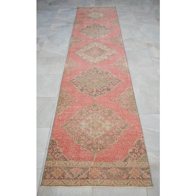 Pink Distressed Oushak Runner Rug Faded Colors Low Pile Pink Hallway Decor - 2'9″x 12'3″ For Sale - Image 8 of 13