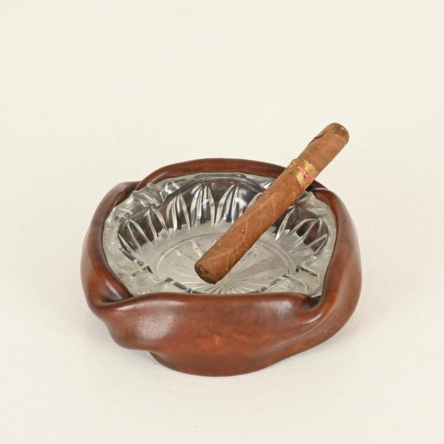 Glass Curved Nova Ashtray in Brown Leather and Cut Crystal from Tecno, Italy, 1950s For Sale - Image 7 of 12