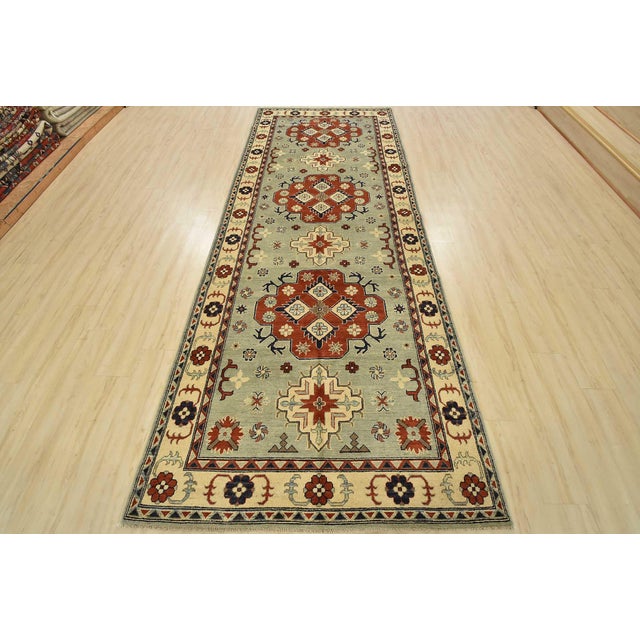 Farmhouse Kazak Runner 4’11” X 12’6” Blue Wool Tribal Hand-Knotted Oriental Rug For Sale - Image 3 of 13