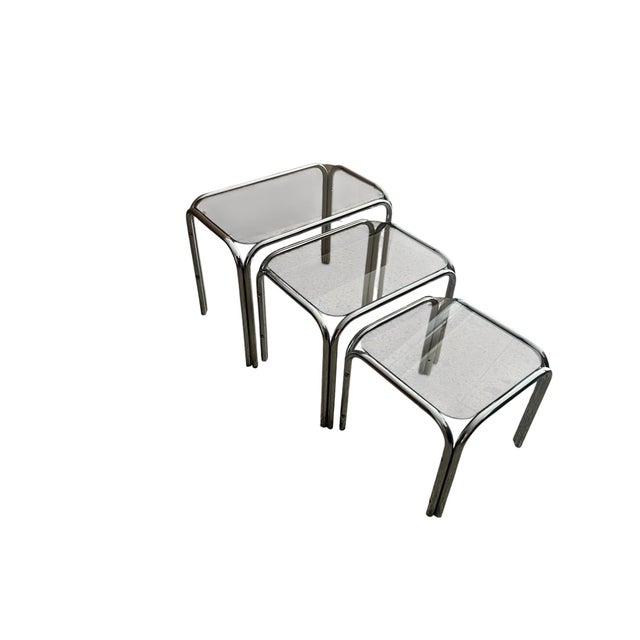 Metal Vintage Chrome Nesting Tables with Smoked Glass, 1970s, Set of 3 For Sale - Image 7 of 9