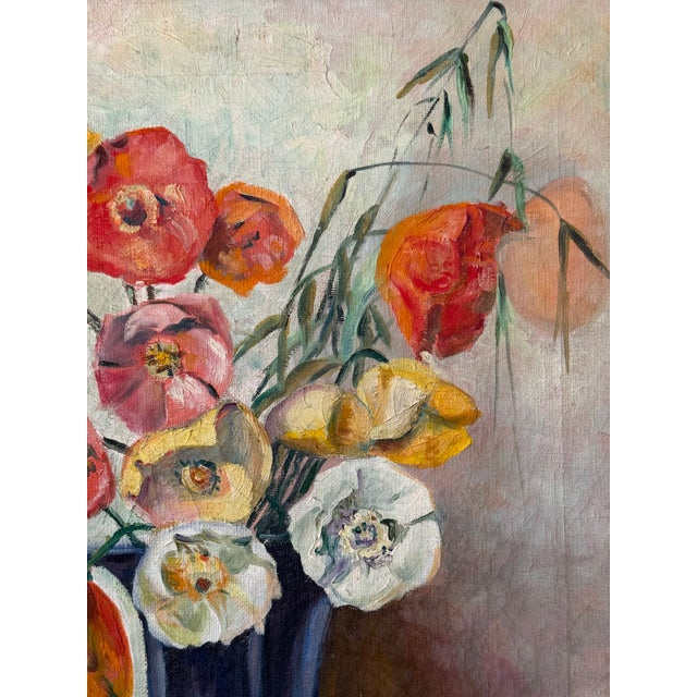 Vintage Mid-Century Oil on Canvas Still Life of Poppies & Copper Pot, Framed For Sale - Image 14 of 16