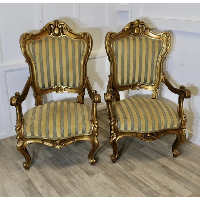 Goldenrod Set of Large Italian Carved Giltwood Armchairs For Sale - Image 8 of 10