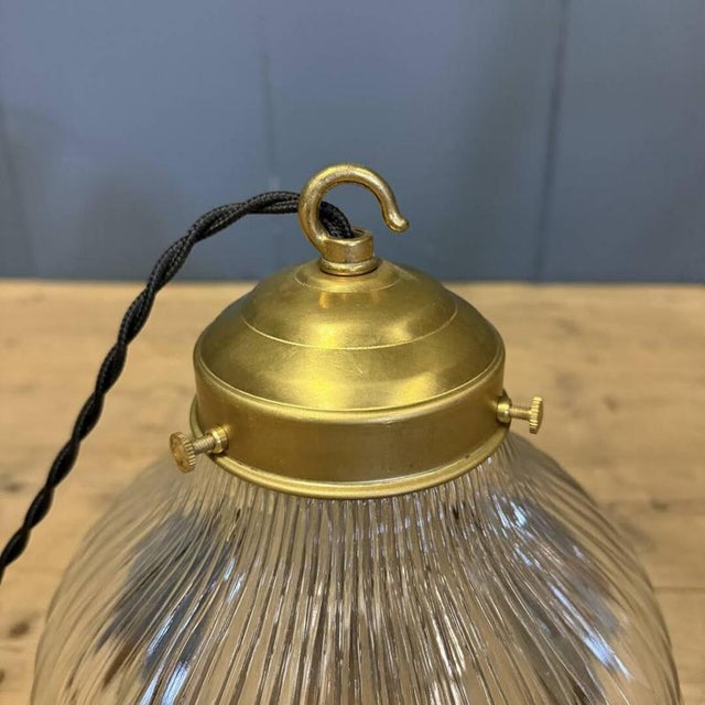 Pressed Glass Pendant Lamp with Brass Fixture from Holophane, 1930s For Sale - Image 9 of 15