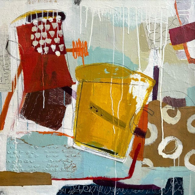 Abstract Christiane Corcelle "Playful Water Dreams 2" Mixed Media on Canvas, Abstract Still Life in Yellow, Aqua and Red, 2024 For Sale - Image 3 of 6