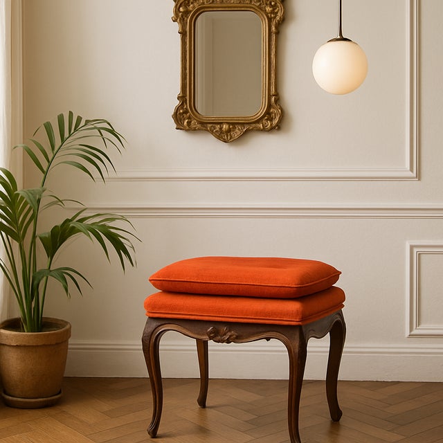 Textile Mid 20th Century Pair of Kindel French Provincial Carved Footstools With Burnt Orange Upholstery For Sale - Image 7 of 9