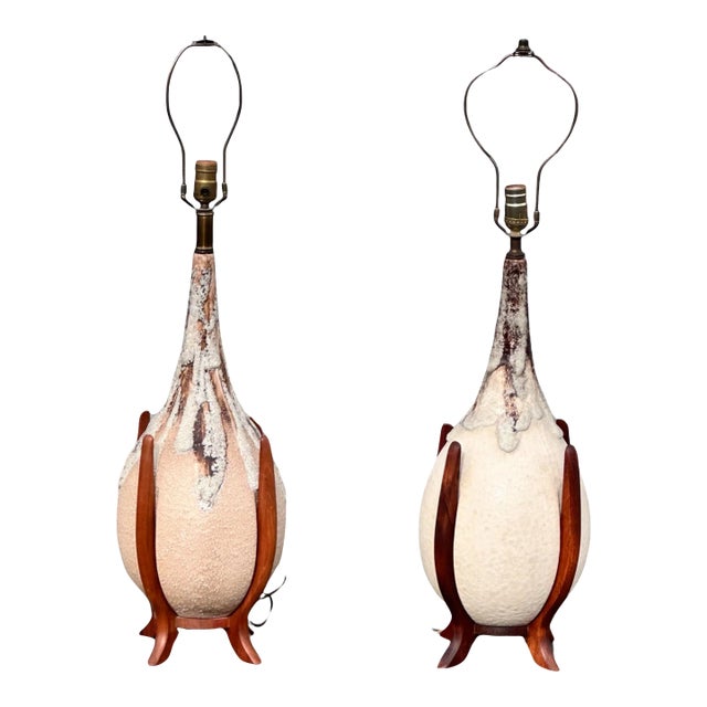 Large of Pair Mid Century Danish Modern Art Pottery Dripping Pattern Table Lamps For Sale