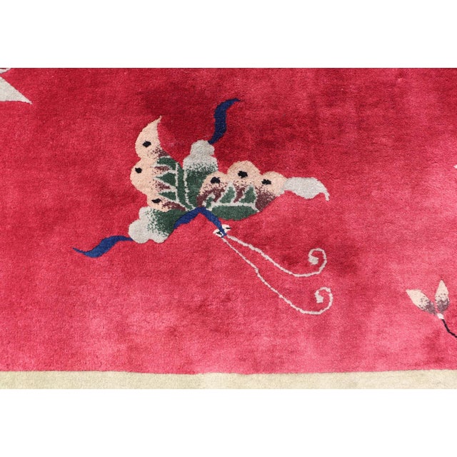 Art Deco Antique Art Deco Rug in Rich Red Field With Light Grey and Floral Accents For Sale - Image 3 of 14