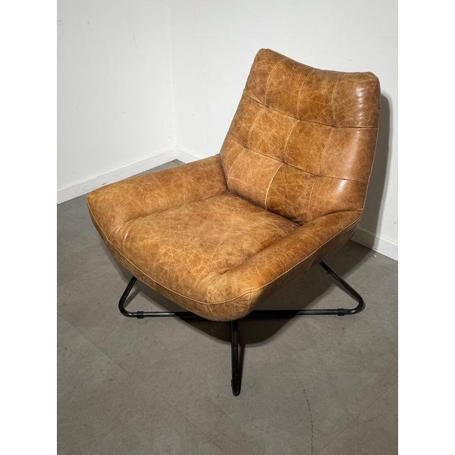 Industrial Cognac Leather Armchair with Industrial Metal Base For Sale - Image 3 of 7