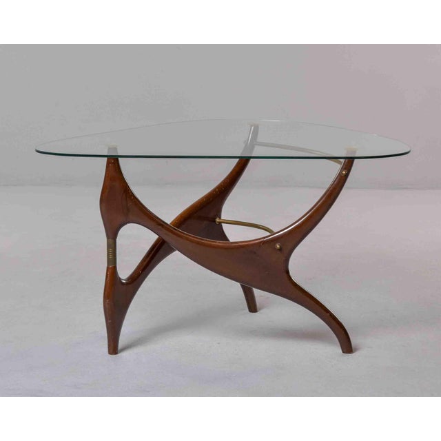 Mid-Century Modern Italian Mid-Century Sculptural Walnut and Brass Cocktail Table With Triangular Glass Top For Sale - Image 3 of 11