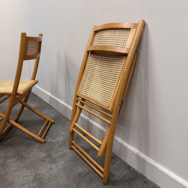 Wood Mid-Century Belgian Folding Chairs in Wood and Hand-Woven Cane, Set of 4 For Sale - Image 7 of 15
