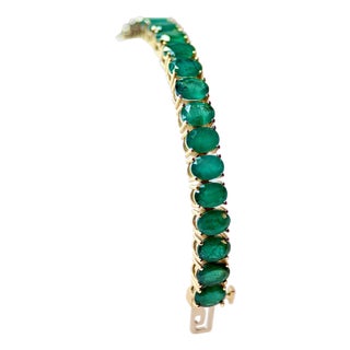 27 Carat Natural Emerald Tennis Bracelet, 14 Karat Yellow Gold, 21gm, 7.25 Inch For Sale
