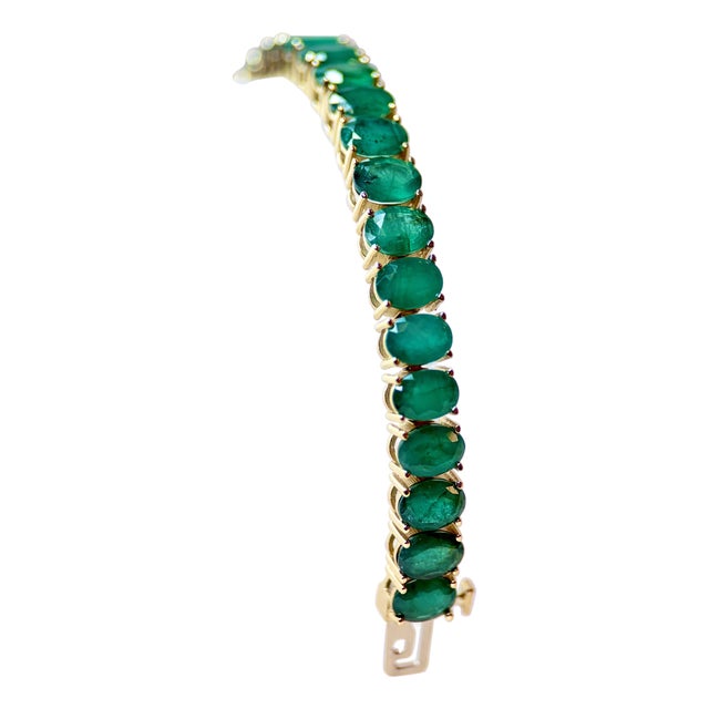 27 Carat Natural Emerald Tennis Bracelet, 14 Karat Yellow Gold, 21gm, 7.25 Inch For Sale