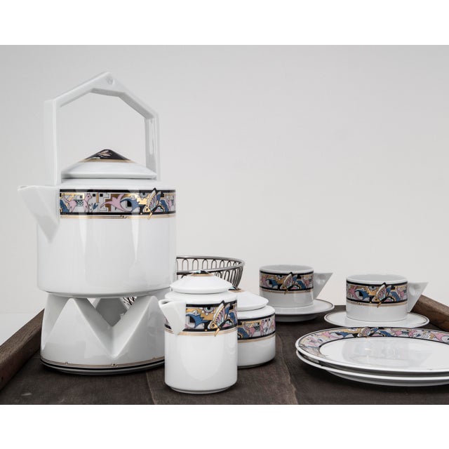 Art Deco Cantana Najade Tête-À-Tête for Two on Wooden Tray from Fürstenberg and Alessi, 1980s, Set of 14 For Sale - Image 12 of 18