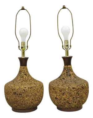 Vintage Mid Century Modern Bulbous Cork & Wood Sculptural Table Lamps - A Pair