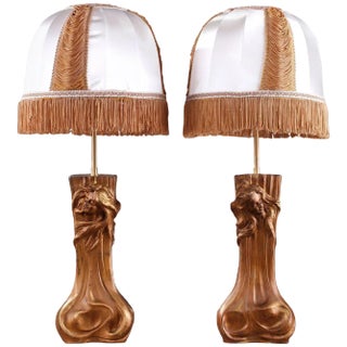 Art Nouveau Mounted Lamps with Nymphs, Set of 2 For Sale