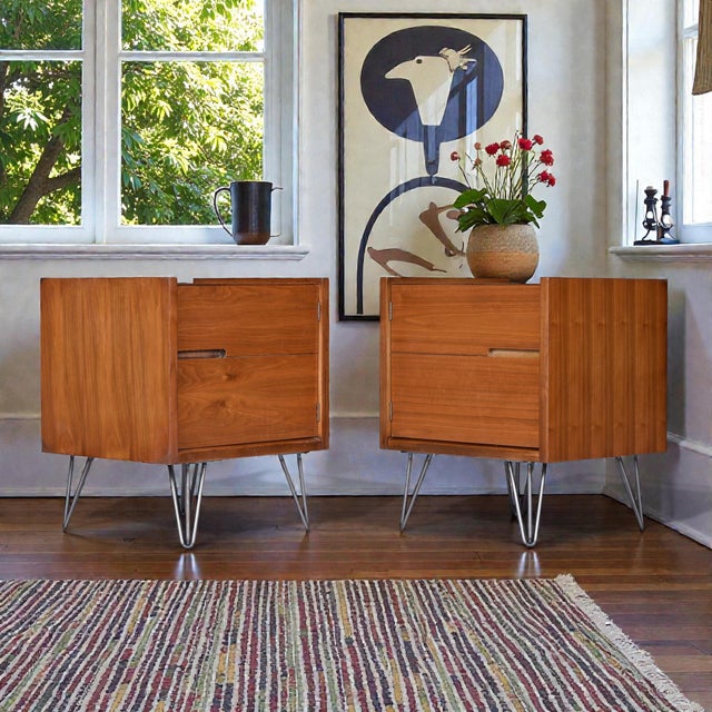 1950s 1950s Pair of Mid-Century Modern Walnut Nightstand Cabinets on Hairpin Legs For Sale - Image 5 of 11