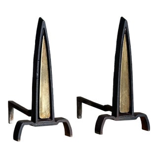 1950s Iron and Brass Andirons Attributed to Donald Deskey- A Pair For Sale
