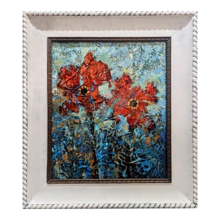 Framed Textured Red Poppy Painting on Canvas For Sale