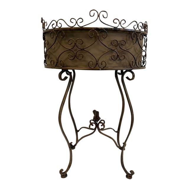 Vintage Wrought Iron Plant Stand – Decorative Scrollwork Jardinière For Sale