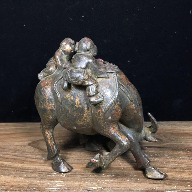Metal Vintage Solid Bronze Figurine of a Boy and Water Buffalo For Sale - Image 7 of 7
