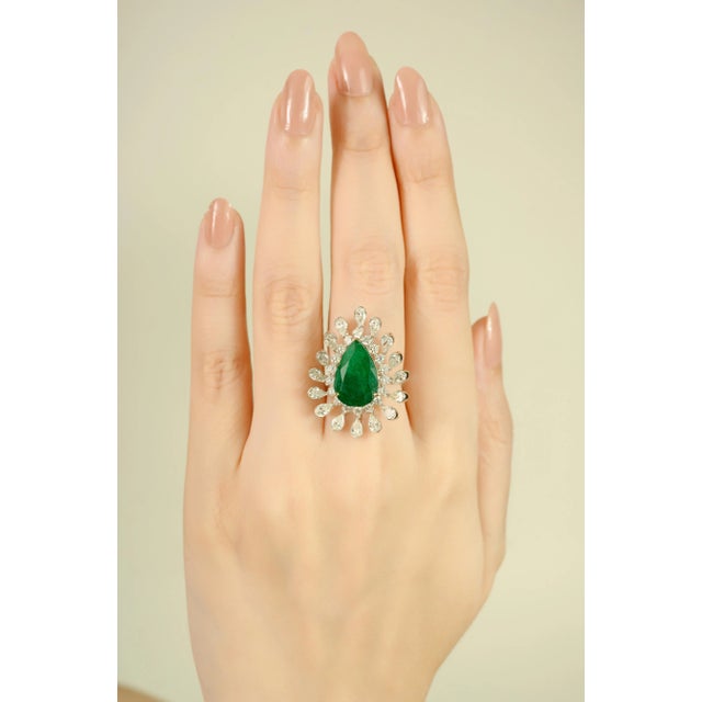 4.62 Ct Pear Cut Emerald Diamond Cocktail Ring Size 5.5 in 18k Solid Gold For Sale - Image 9 of 12