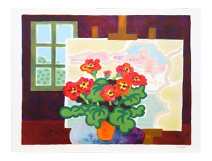 Guy Charon Lithograph - Red Flowers With Painting