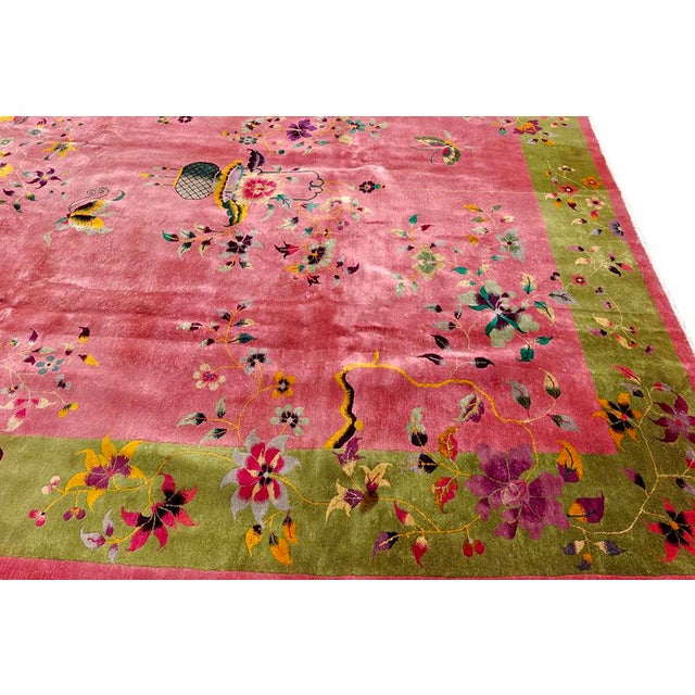 Raspberry Pink 1920s Raspberry Pink Field Antique Floral Vase Chinese Art Deco Rug 8' 9" X 11' 4" Knotted Wool Carpet For Sale - Image 8 of 10